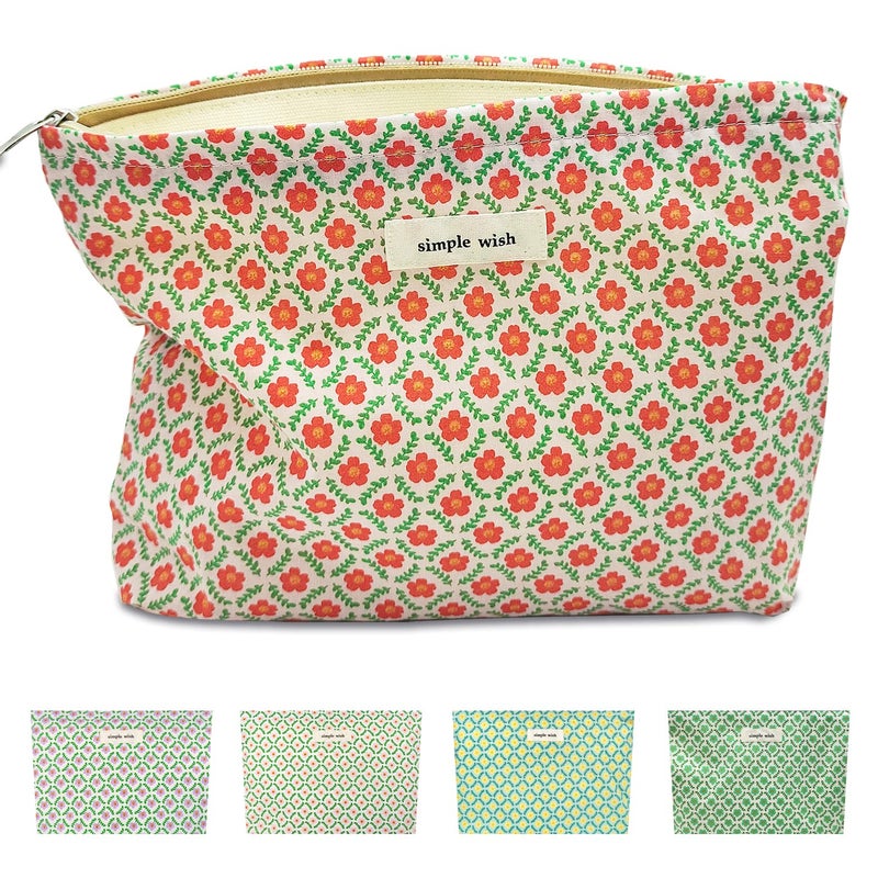 STARDW Aesthetic Floral Makeup Bag Cute Small Cosmetic Bags for Women Girls  Travel Toiletry Bag Large Capacity Zipper Makeup Pouch  Purse Organizer Pouches (Red Floral) - Image 1